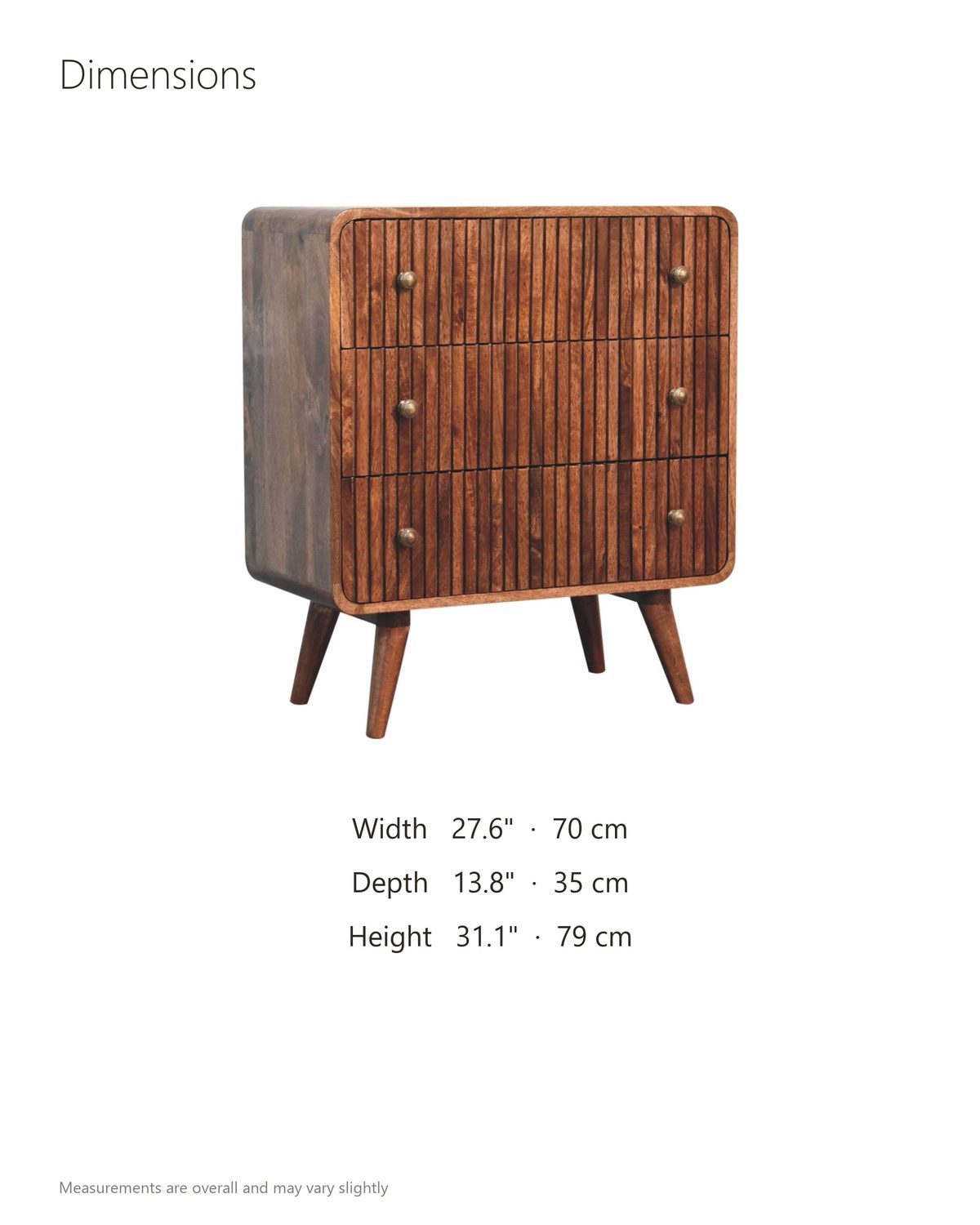 Noale 28-Inch Honey Caramel Solid Mango 3-Drawer Chest dimensions: 27.6 in wide, 13.8 in deep, 31.1 in high