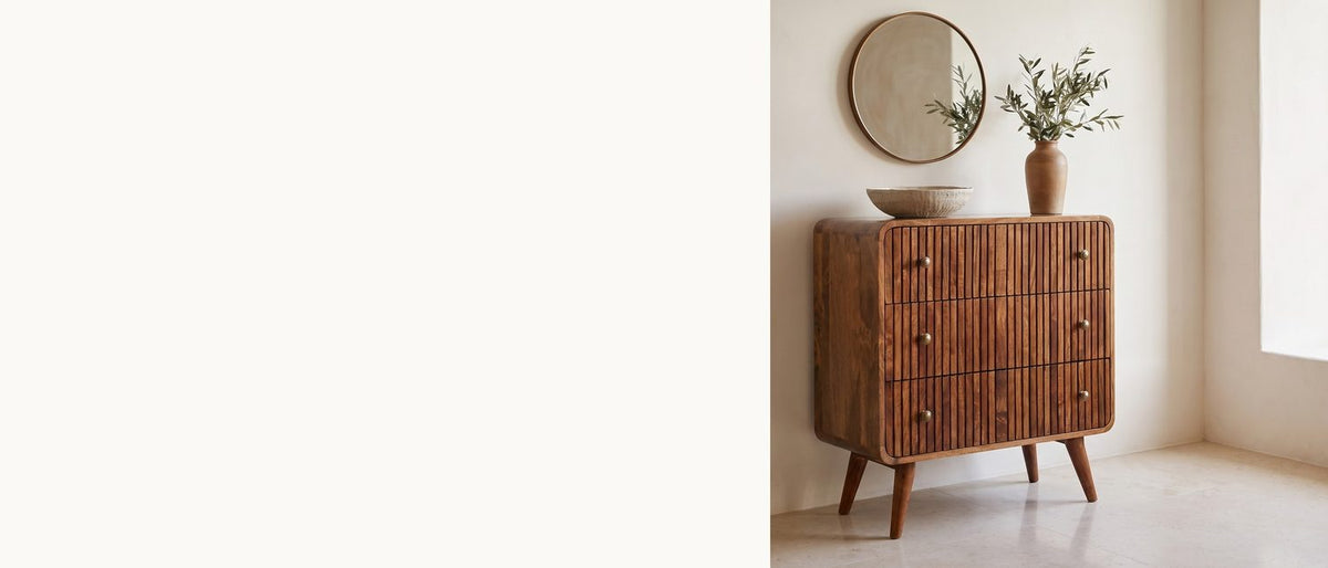 Ribbed mango, rounded corners. - Noale 28-Inch Honey Caramel Solid Mango 3-Drawer Chest