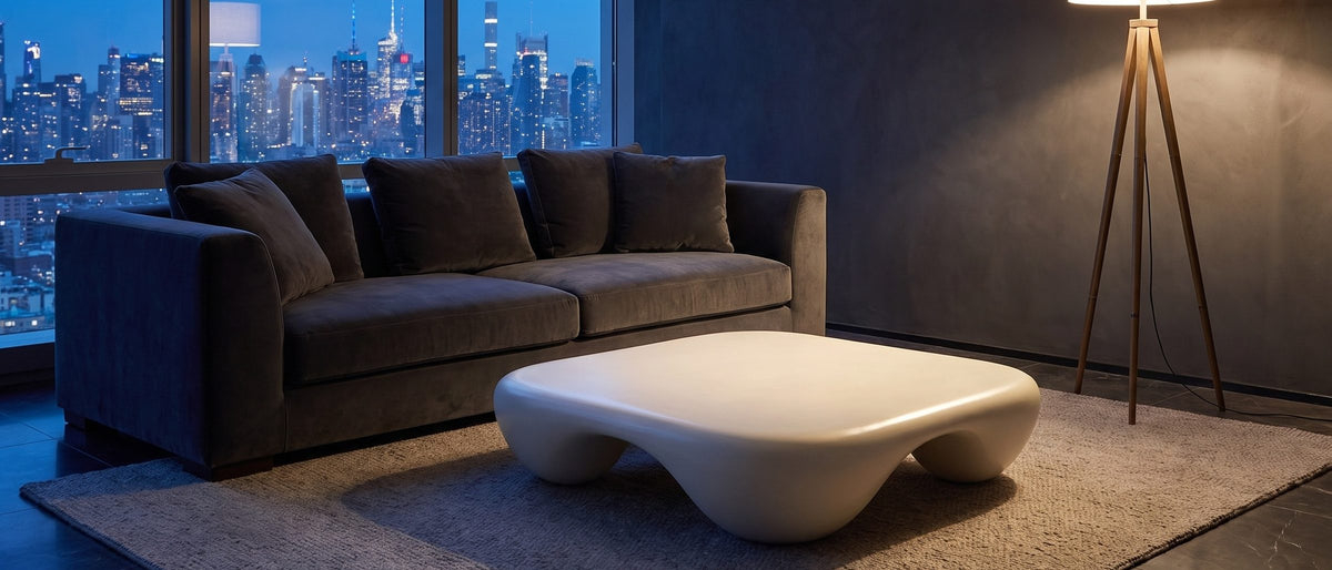 Noli White Sculpted Fiberglass Coffee Table in the room