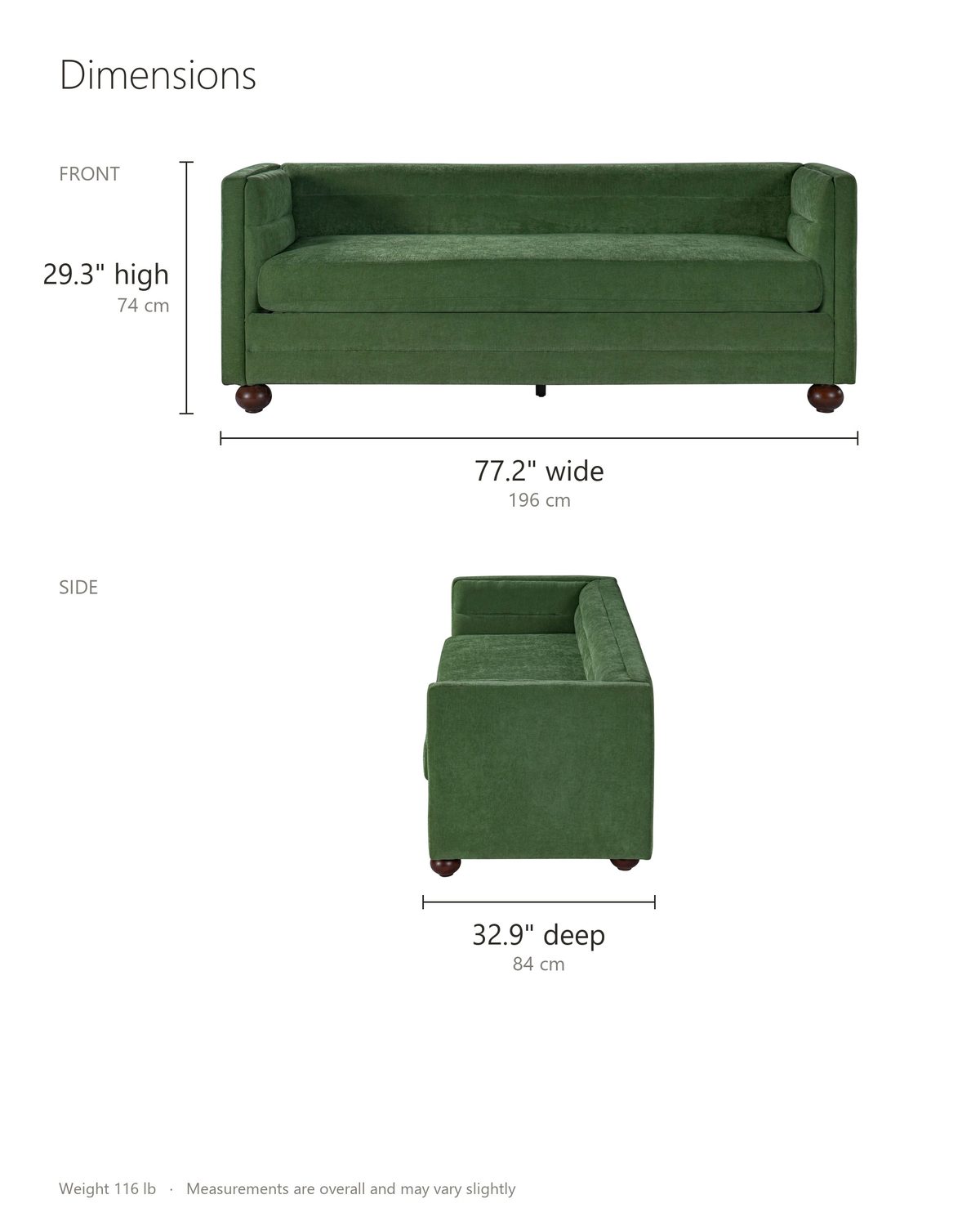 Novara Channel-Back Sofa dimensions: 77.2 in wide, 32.9 in deep, 29.3 in high
