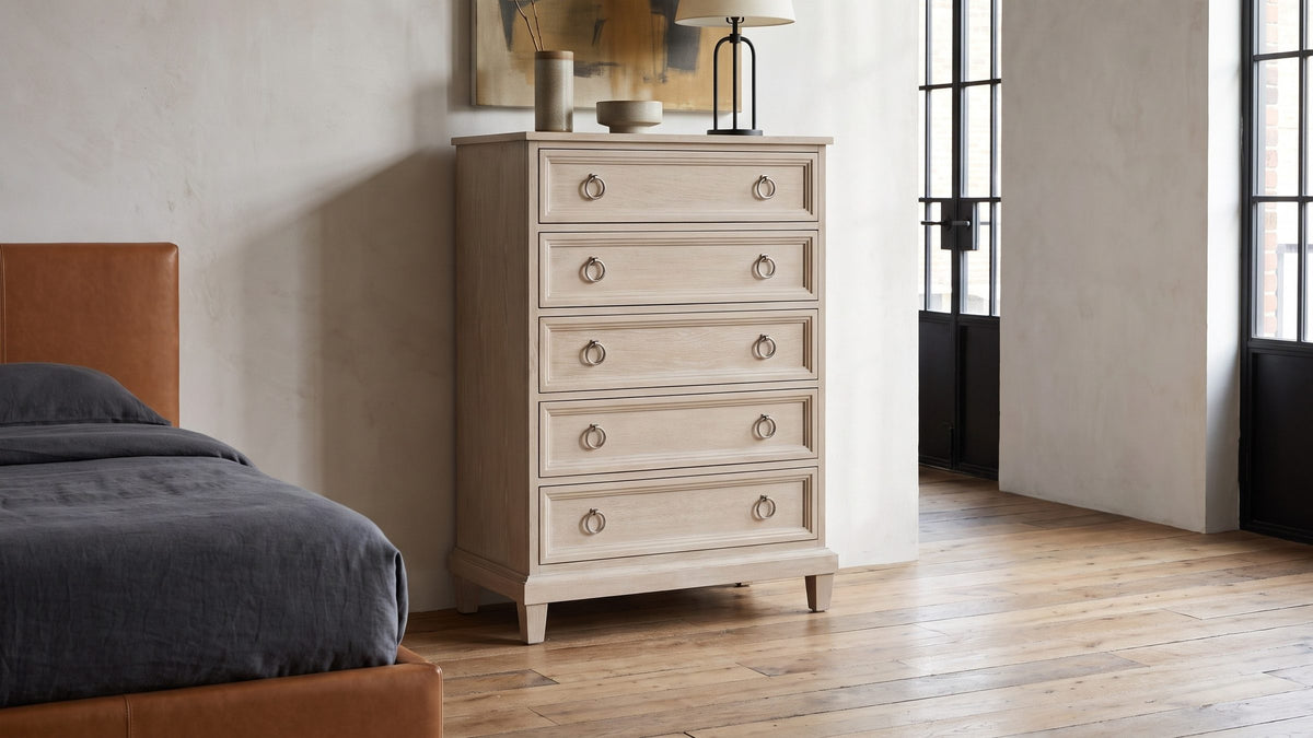 Sandy oak, bright nickel. - Oderzo 36-Inch Washed Oak 5-Drawer Chest