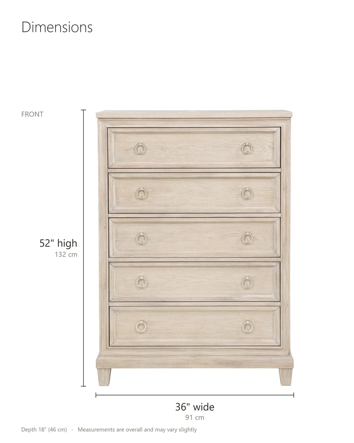 Oderzo 36-Inch Washed Oak 5-Drawer Chest dimensions: 36 in wide, 18 in deep, 52 in high