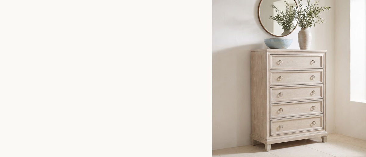 Limed oak, five quiet frames. - Oderzo 36-Inch Washed Oak 5-Drawer Chest