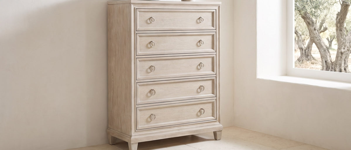 Oderzo 36-Inch Washed Oak 5-Drawer Chest in the room