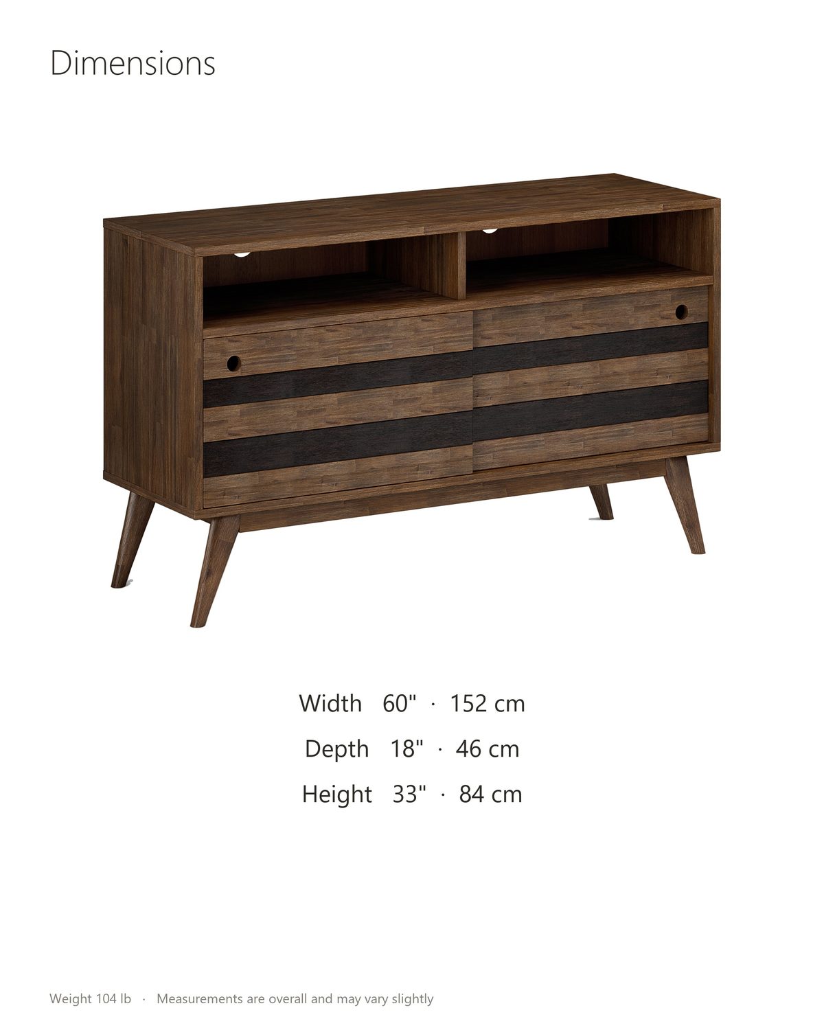 Offida Two-Tone Acacia Media Console dimensions: 60 in wide, 18 in deep, 33 in high