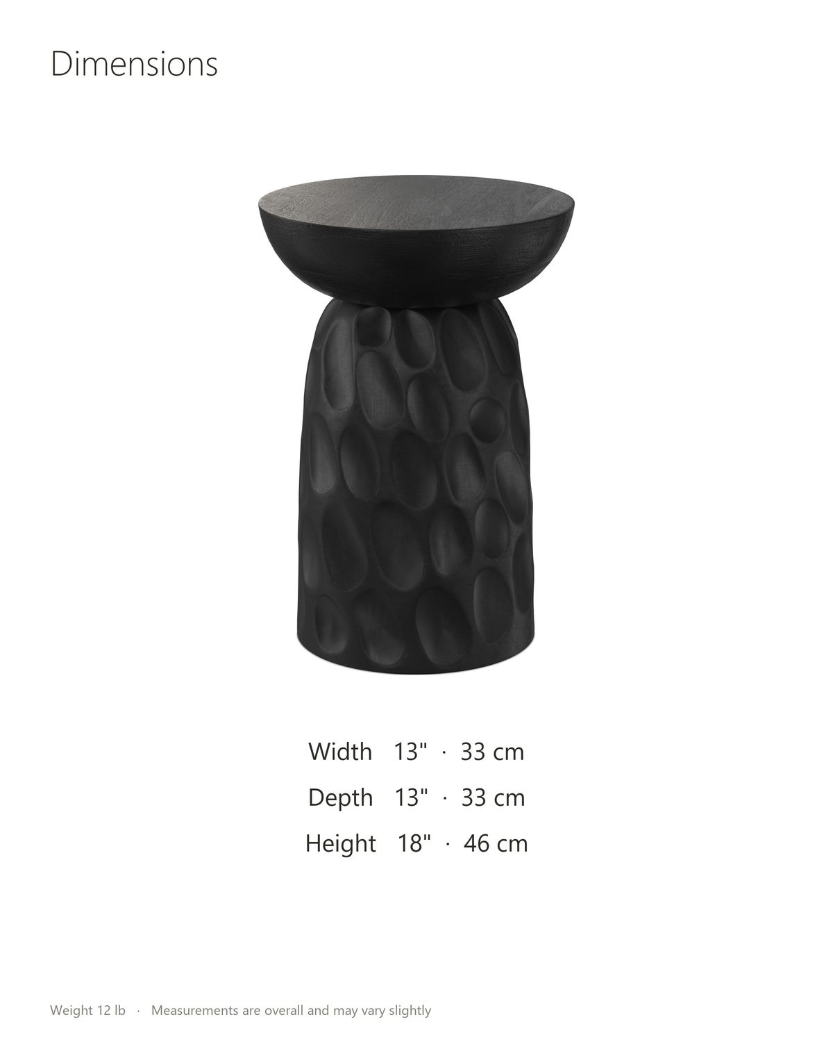 Olevano Carved Black Mango Pedestal Side Table dimensions: 13 in wide, 13 in deep, 18 in high