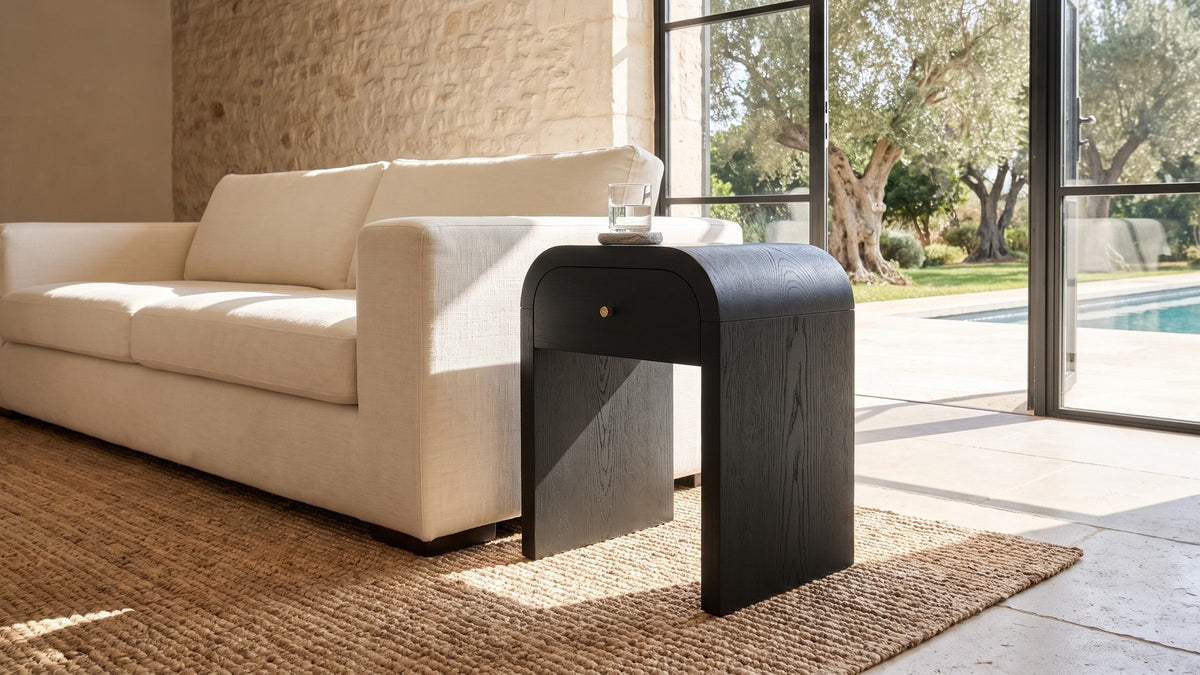 A dark accent. - Oppido Black Ash Veneer Waterfall Side Table