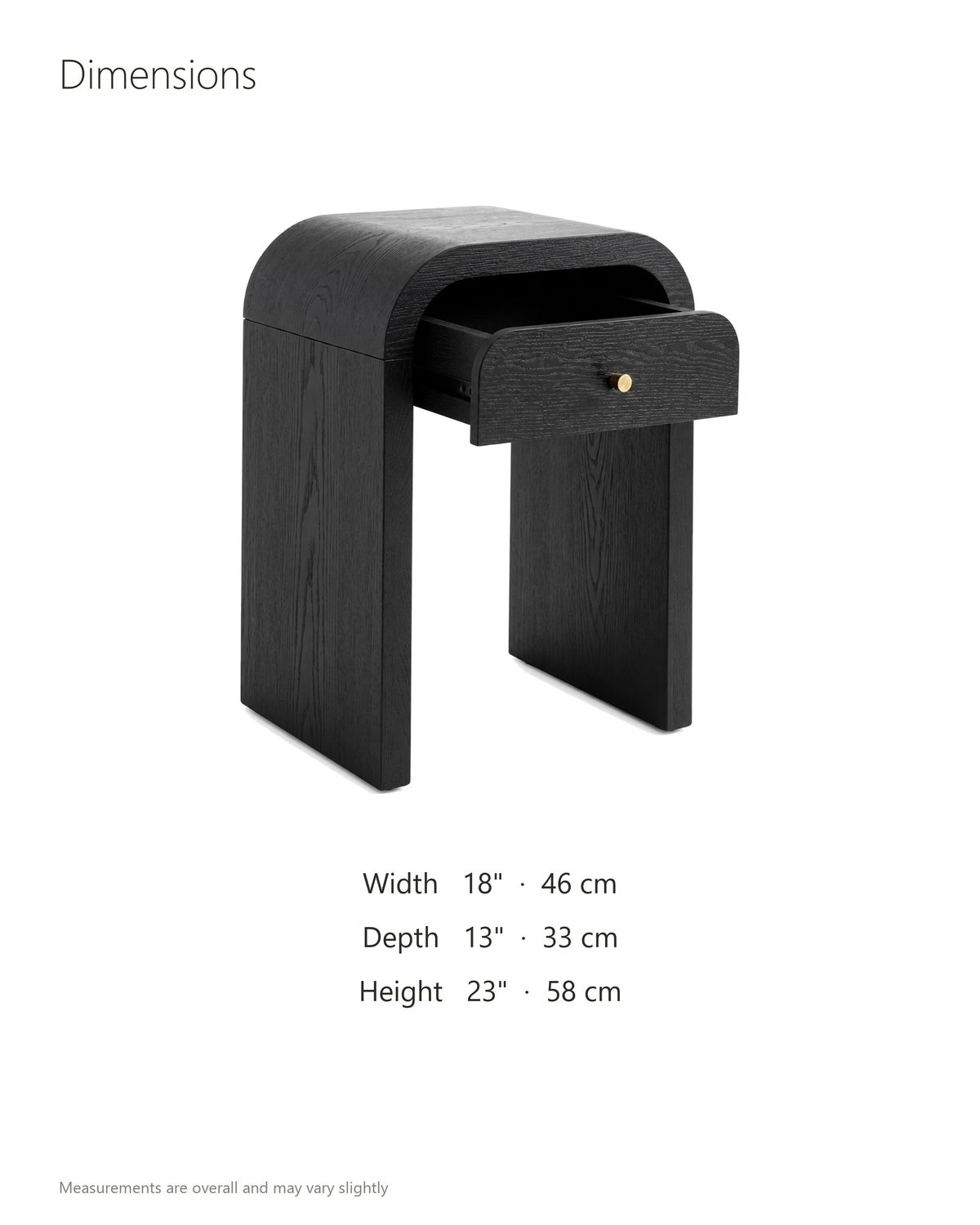 Oppido Black Ash Veneer Waterfall Side Table dimensions: 18 in wide, 13 in deep, 23 in high