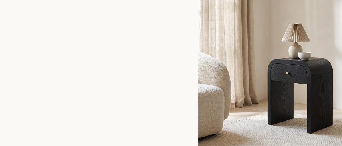 Black, rounded, one drawer. - Oppido Black Ash Veneer Waterfall Side Table
