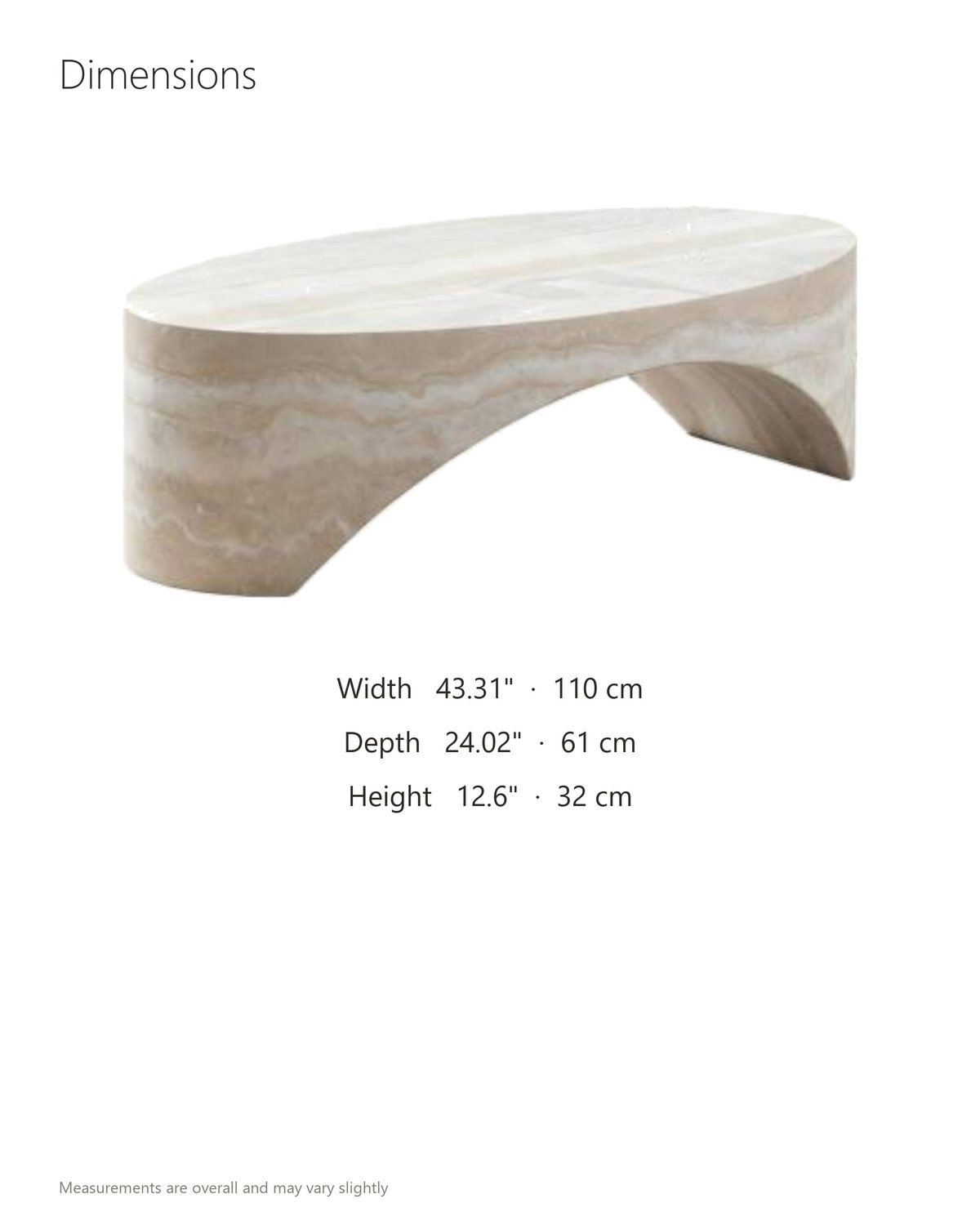 Orbetello Faux Travertine Oval Arch Coffee Table dimensions: 43.31 in wide, 24.02 in deep, 12.6 in high