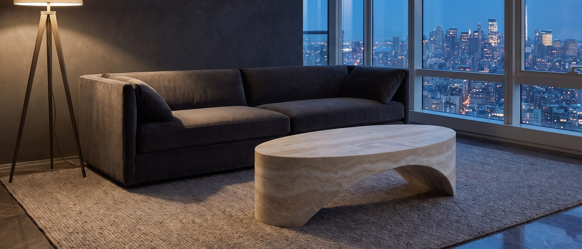 Orbetello Faux Travertine Oval Arch Coffee Table in the room