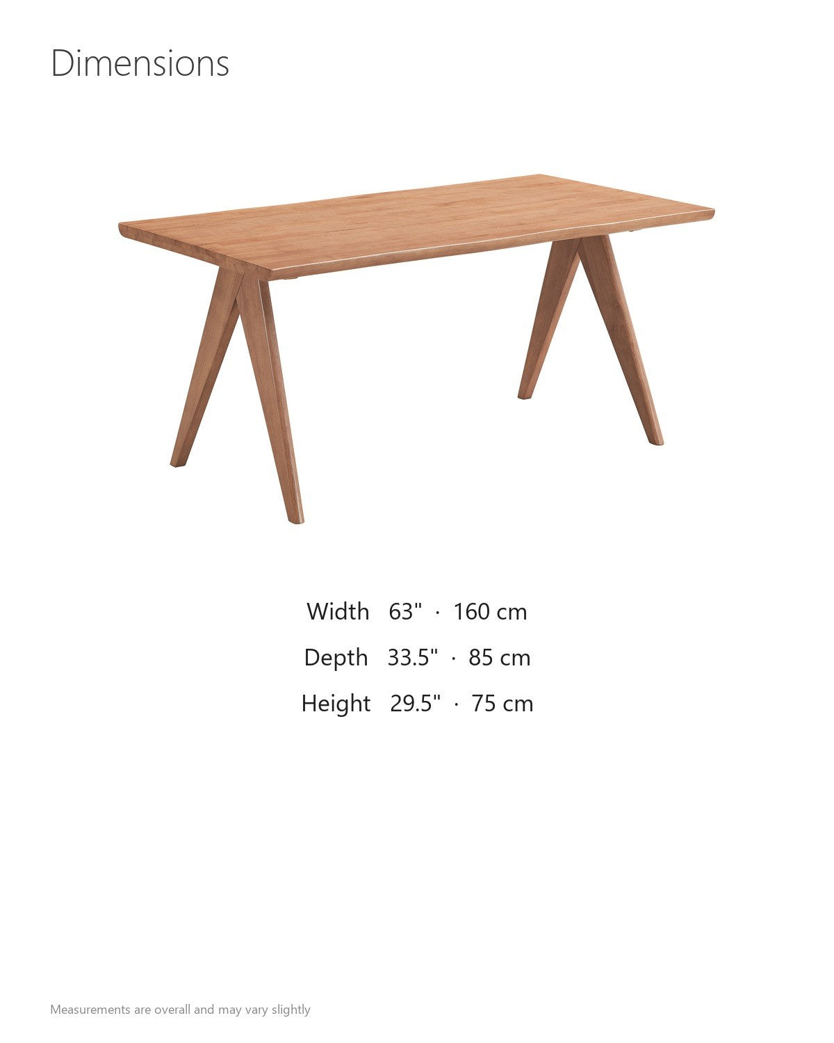 Oriolo 63-Inch Rectangular Solid Wood Dining Table dimensions