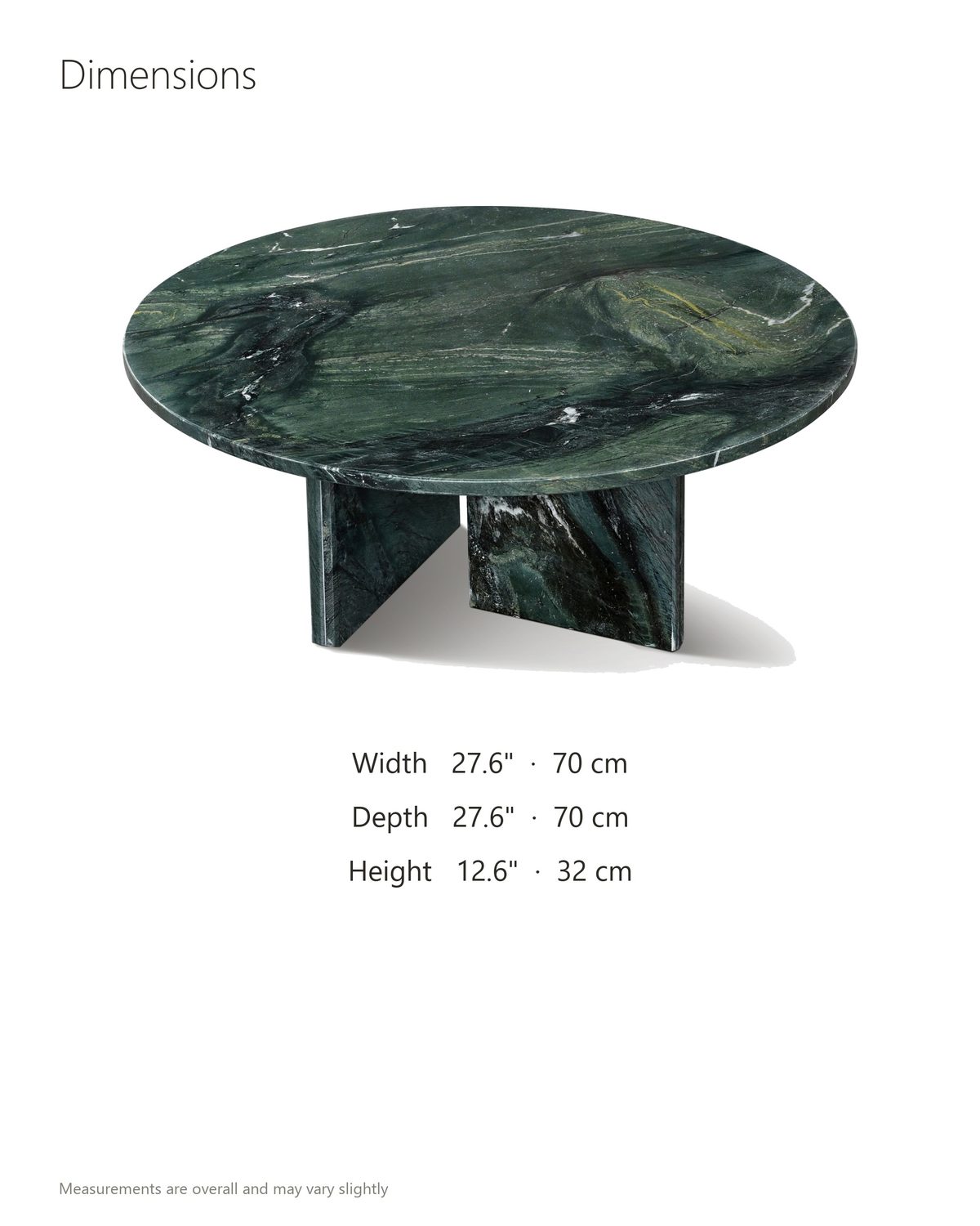 Orosei Verde Marble Coffee Table dimensions: 27.6 in wide, 27.6 in deep, 12.6 in high