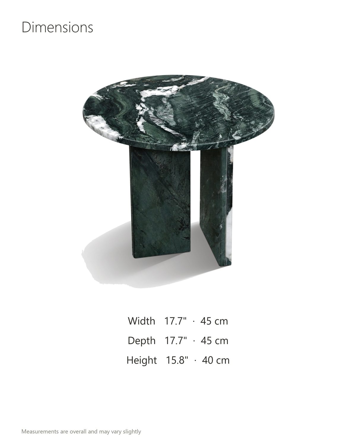 Orosei Verde Marble Round Side Table dimensions: 17.7 in wide, 17.7 in deep, 15.8 in high