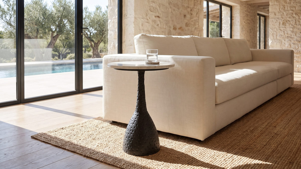 White stone, black texture. - Orsara White Marble Pedestal Side Table