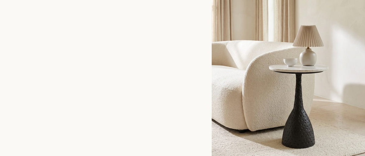 White marble on a hammered bell. - Orsara White Marble Pedestal Side Table