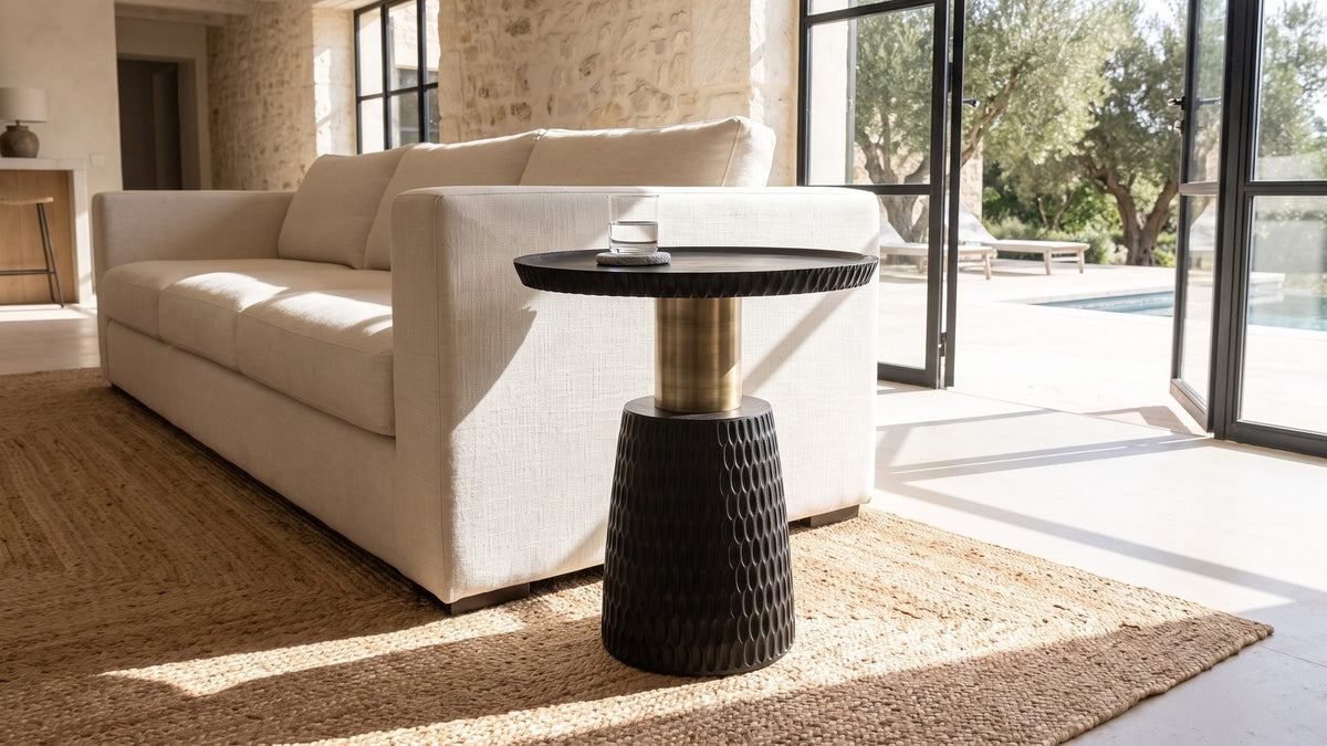 Black and gold, quietly. - Orsomarso Carved Black Mango Pedestal Side Table