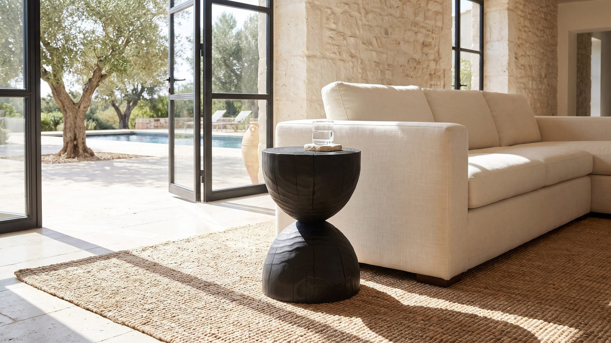Black wood, soft curves. - Orta Burnt Mango Hourglass Side Table