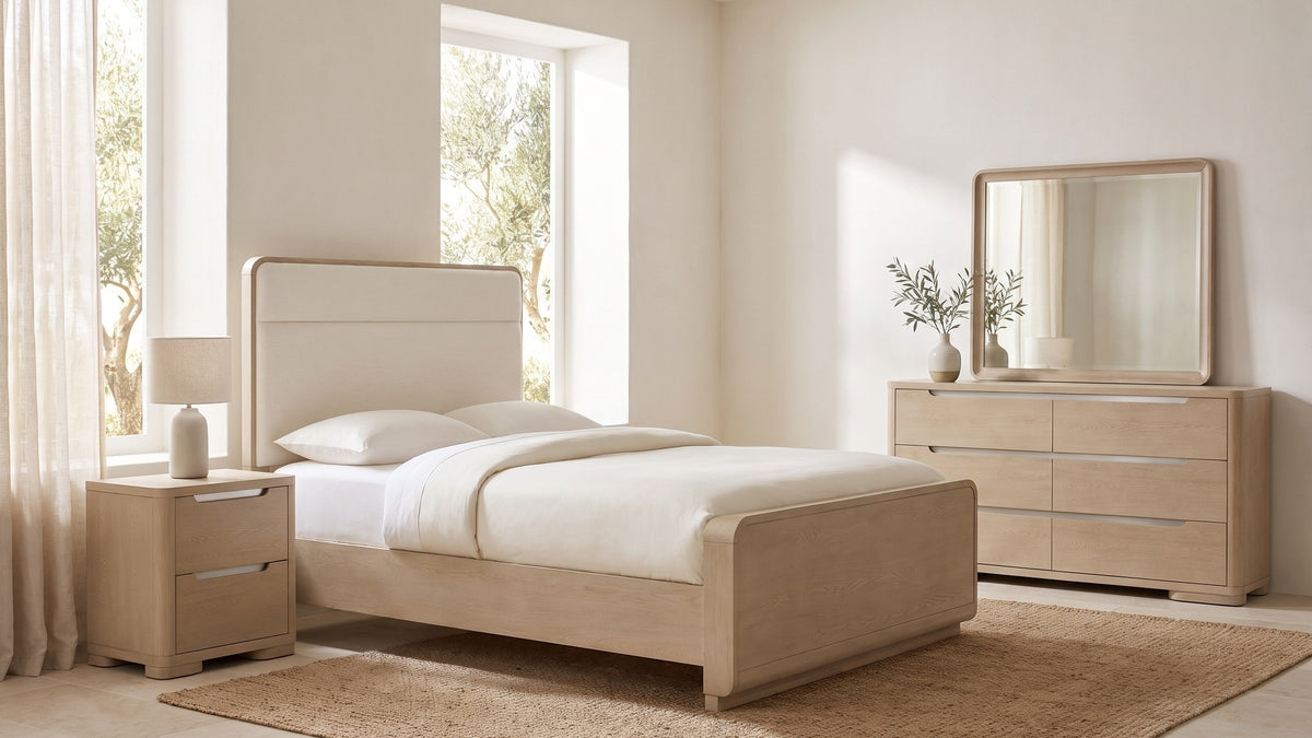 Pale elm, soft boucle. - Osimo Light Elm Upholstered Bedroom Set