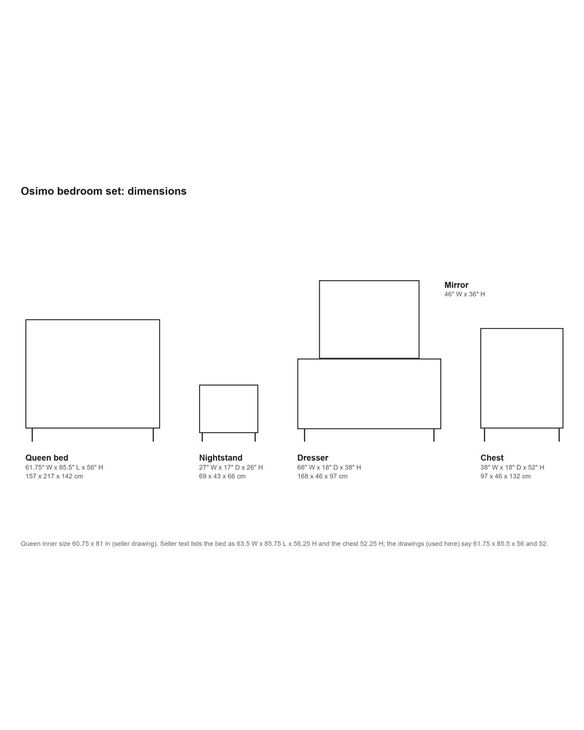 Osimo Light Elm Upholstered Bedroom Set dimensions