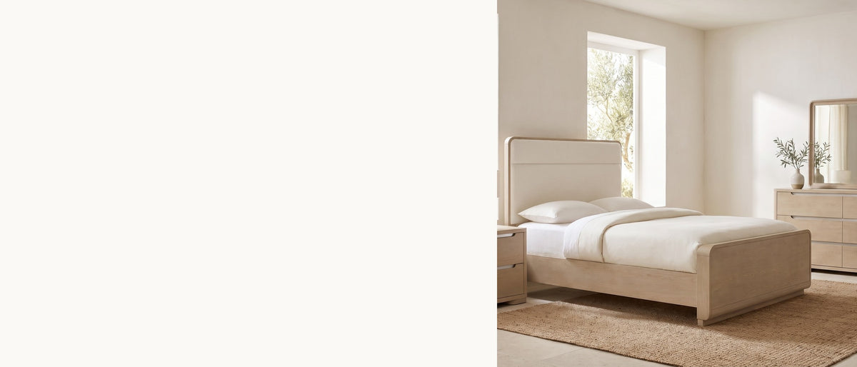 Light elm, rounded edges. - Osimo Light Elm Upholstered Bedroom Set