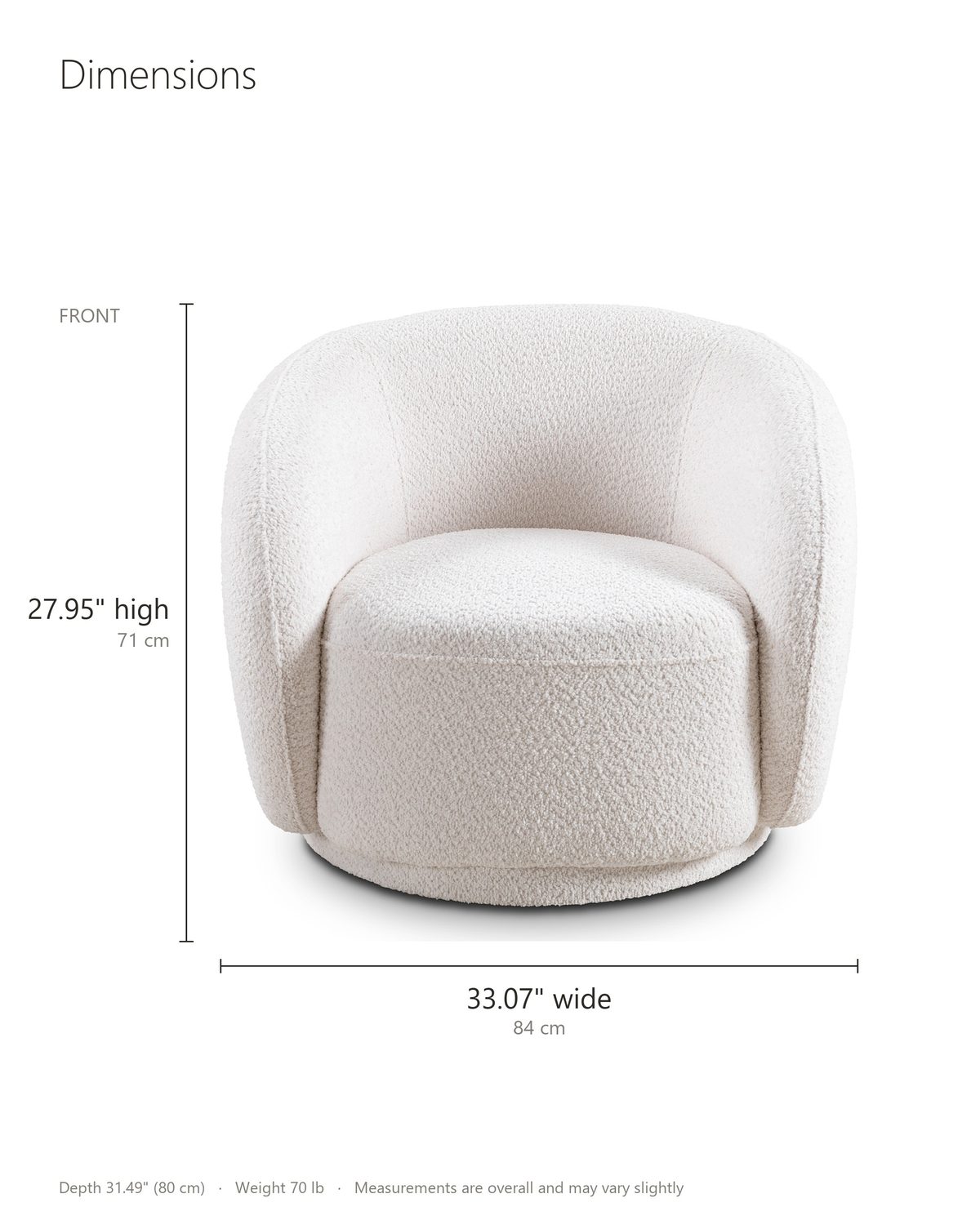 Ostuni Boucle Swivel Chair dimensions: 33.07 in wide, 31.49 in deep, 27.95 in high