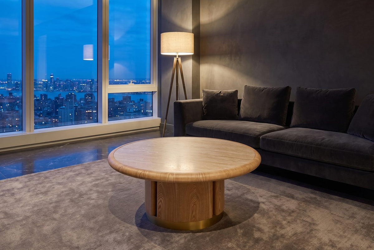 Stone and wood, after dark. - Ovada 35-Inch Round Sintered Stone and Wood Veneer Coffee Table