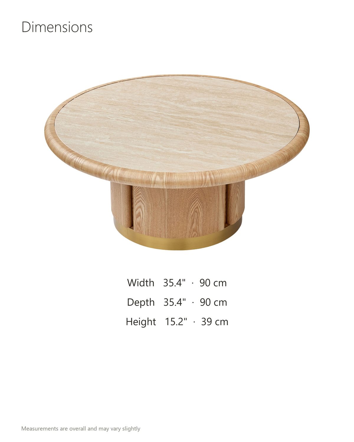 Ovada 35-Inch Round Sintered Stone and Wood Veneer Coffee Table dimensions: 35.4 in wide, 35.4 in deep, 15.2 in high