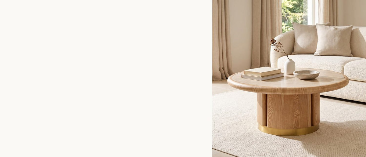 Travertine look, warm wood. - Ovada 35-Inch Round Sintered Stone and Wood Veneer Coffee Table