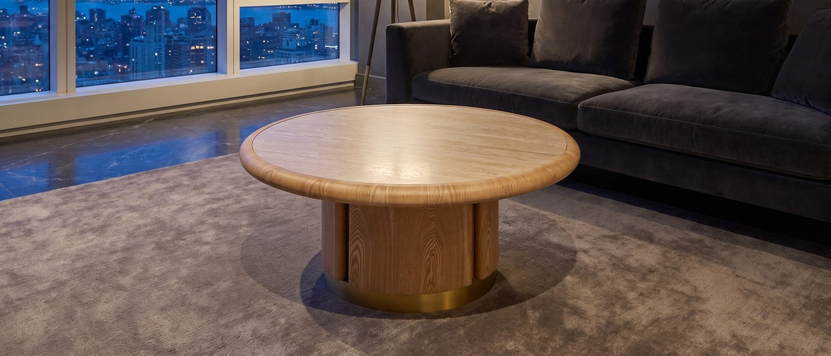 Ovada 35-Inch Round Sintered Stone and Wood Veneer Coffee Table in the room