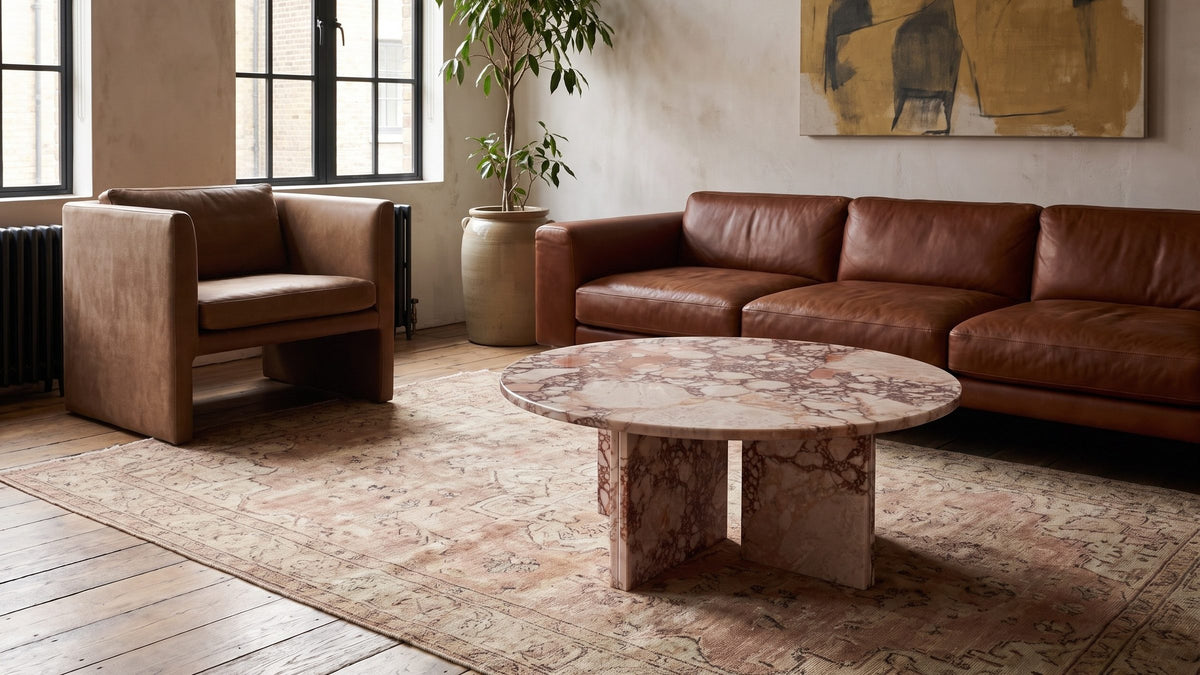 A pale corner, completed. - Paestum Rosa Marble Coffee Table