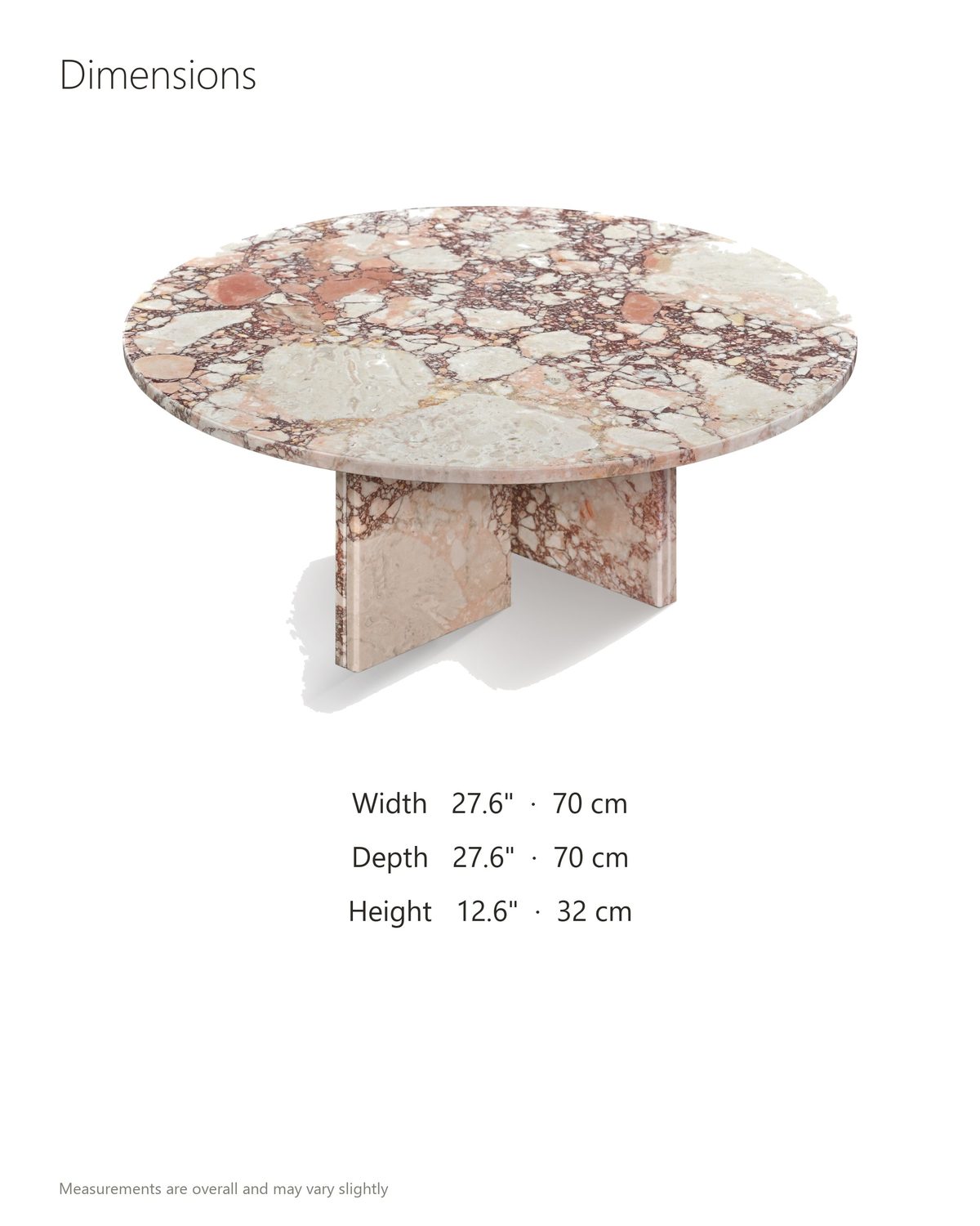 Paestum Rosa Marble Coffee Table dimensions: 27.6 in wide, 27.6 in deep, 12.6 in high