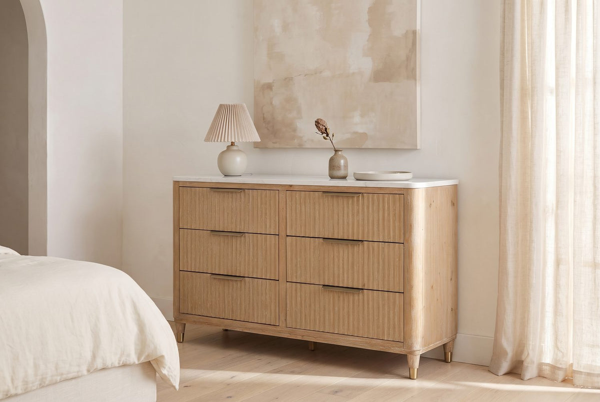 Stone above, reeds below. - Palmanova 62-Inch Natural Wood and White Stone 6-Drawer Dresser