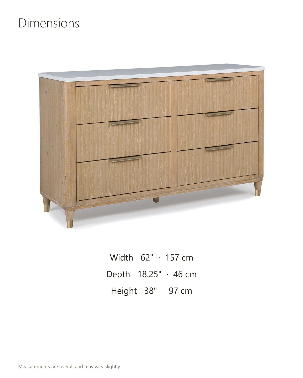 Palmanova 62-Inch Natural Wood and White Stone 6-Drawer Dresser dimensions: 62 in wide, 18.25 in deep, 38 in high
