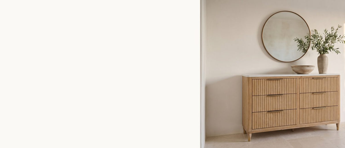 Warm reeds, white stone. - Palmanova 62-Inch Natural Wood and White Stone 6-Drawer Dresser