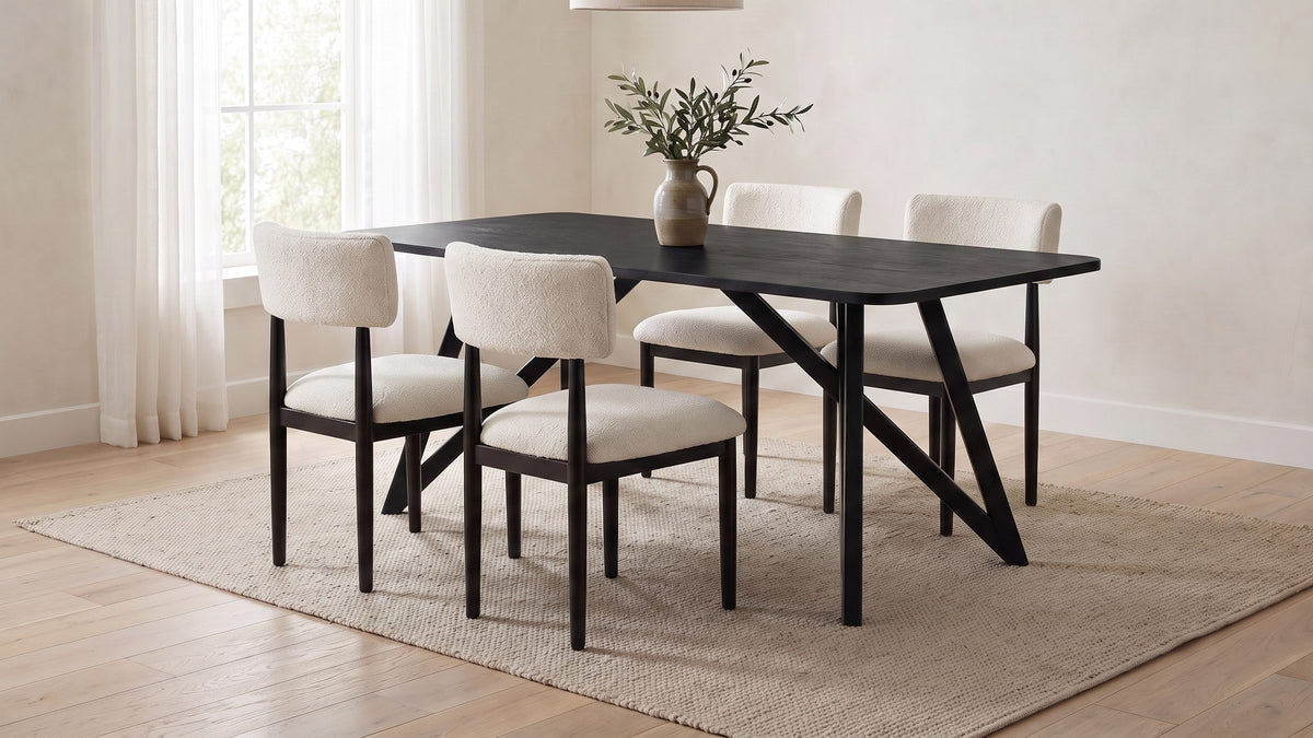 Sharp lines, soft seats. - Palmi 70-Inch Black Oak Veneer Dining Set with 4 Boucle Chairs
