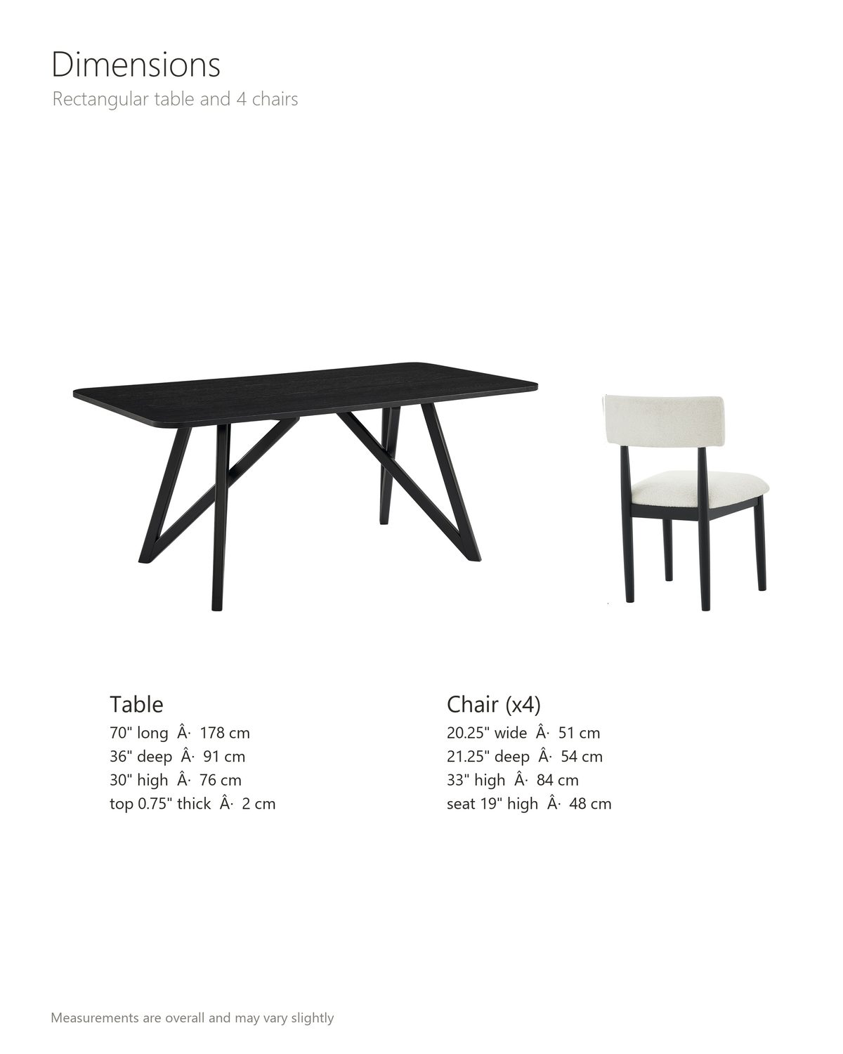 Palmi 70-Inch Black Oak Veneer Dining Set with 4 Boucle Chairs dimensions: table 70 in long, 36 in deep and 30 in high, top 0.75 in thick; each chair 20.25 in wide, 21.25 in deep and 33 in high, seat 19 in high