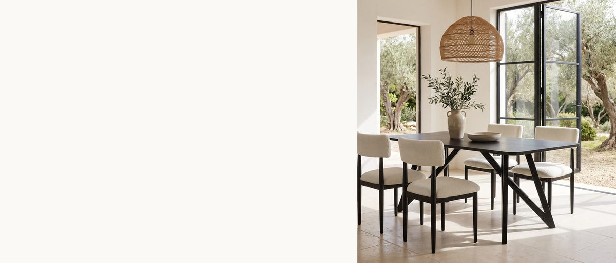 Black oak, ivory boucle. - Palmi 70-Inch Black Oak Veneer Dining Set with 4 Boucle Chairs