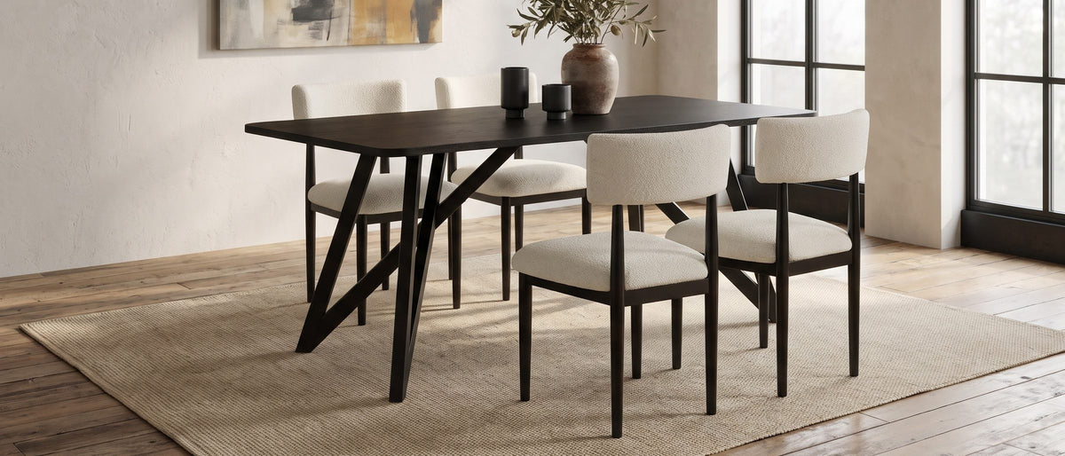 Palmi 70-Inch Black Oak Veneer Dining Set with 4 Boucle Chairs in the room