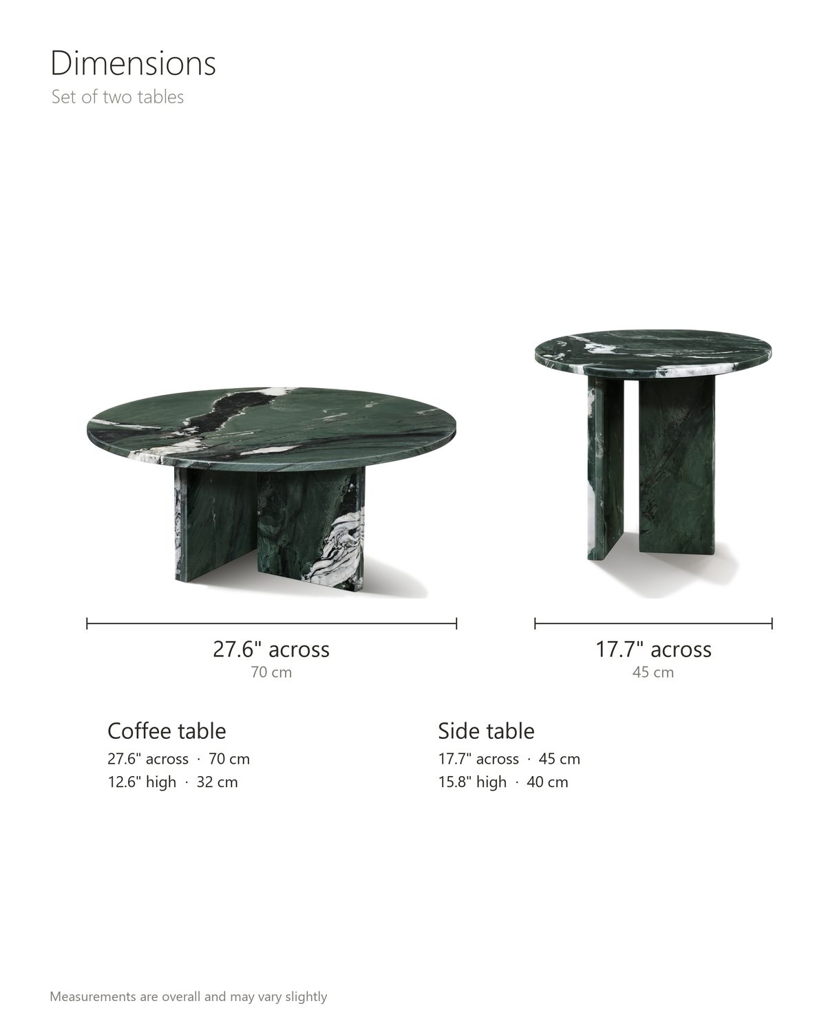 Panarea Verde Marble Nesting Coffee Tables, Set of 2 dimensions: coffee table 27.6 in across and 12.6 in high, side table 17.7 in across and 15.8 in high