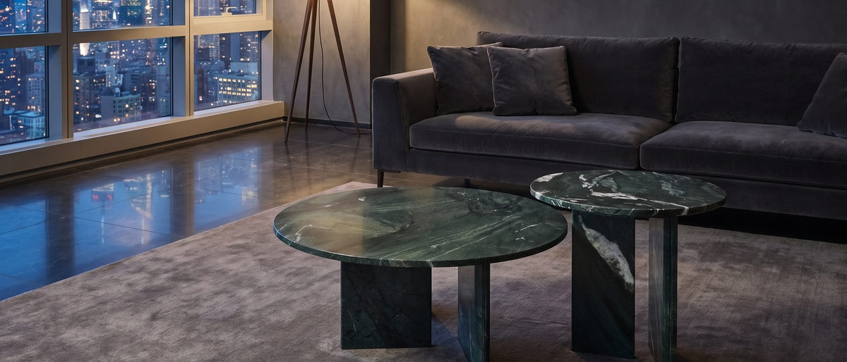 Panarea Verde Marble Nesting Coffee Tables, Set of 2 in the room