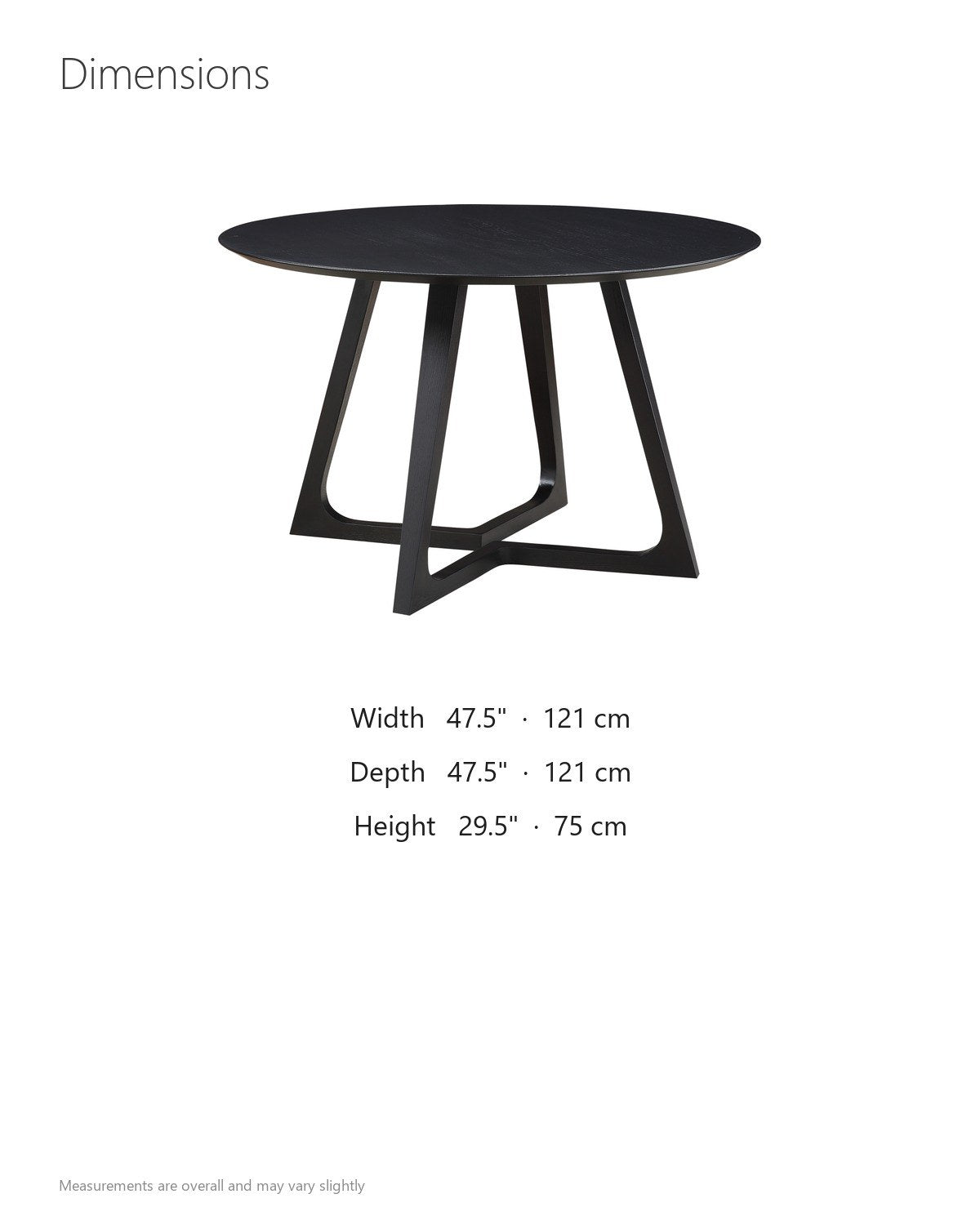 Paola 47.5-Inch Round Black Ash Dining Table dimensions