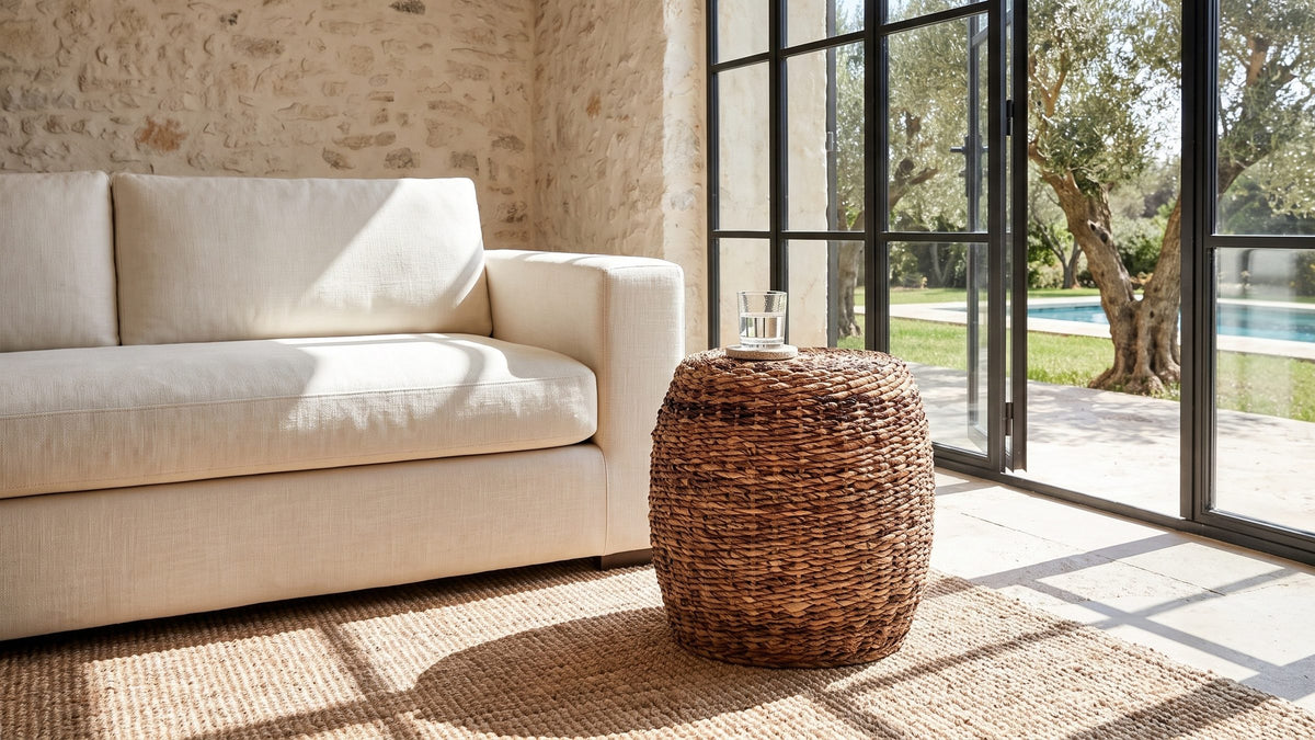 Warm fiber, rounded form. - Parabita Woven Natural Fiber Barrel Side Table