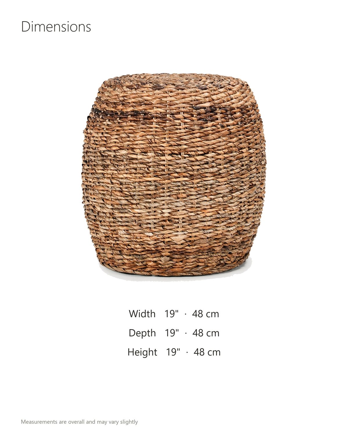Parabita Woven Natural Fiber Barrel Side Table dimensions: 19 in wide, 19 in deep, 19 in high