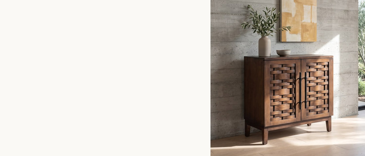 Small footprint, woven front. - Pedace 35-Inch 2-Door Reclaimed Pine Woven-Front Cabinet