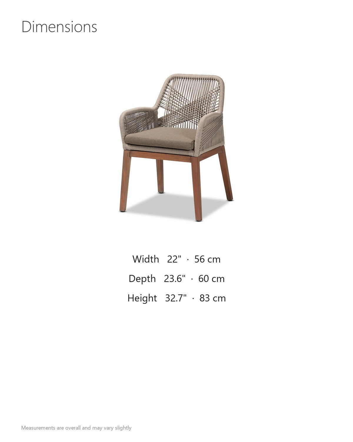 Pentone Woven Rope and Mahogany Dining Arm Chair dimensions