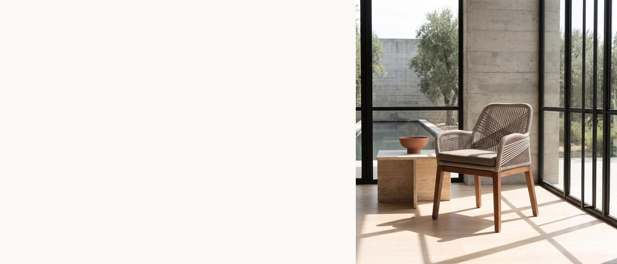 Comfort you can see through. - Pentone Woven Rope and Mahogany Dining Arm Chair