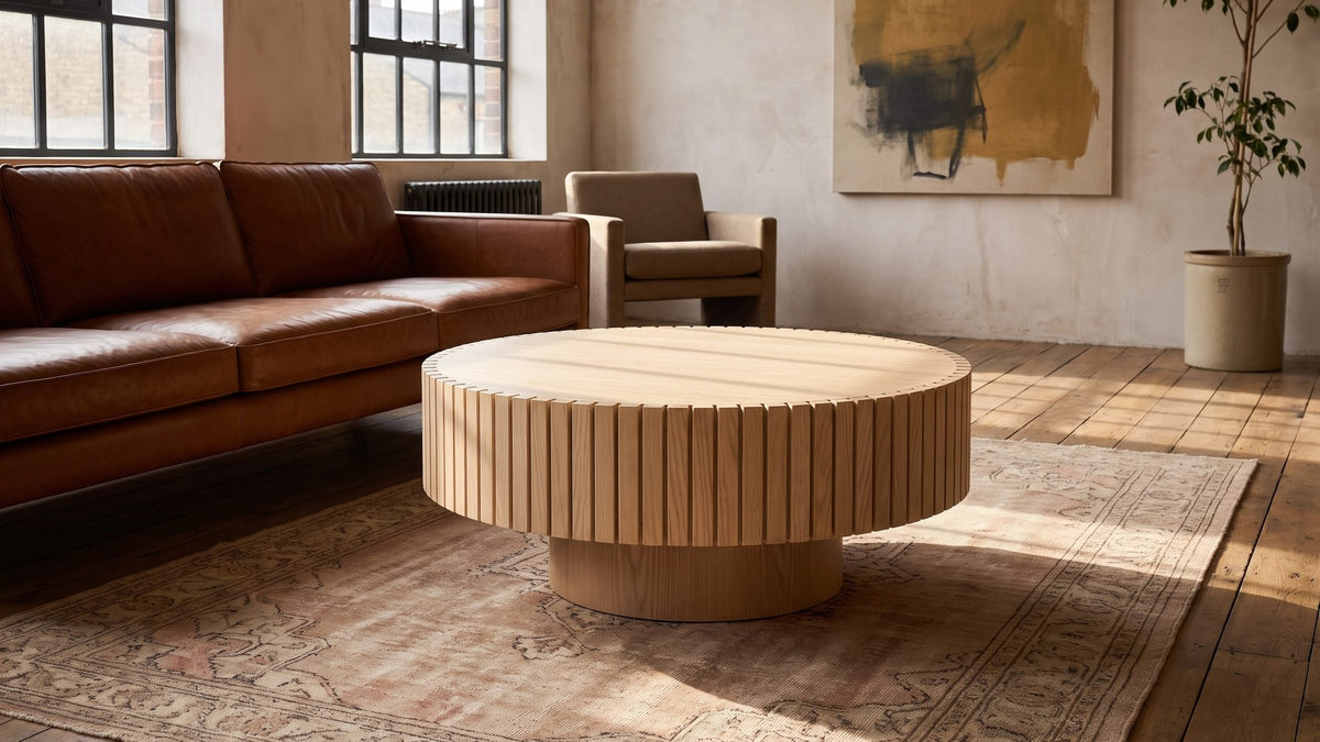 A pale, wide centre for the room. - Pesaro Ash Veneer Fluted Pedestal Coffee Table