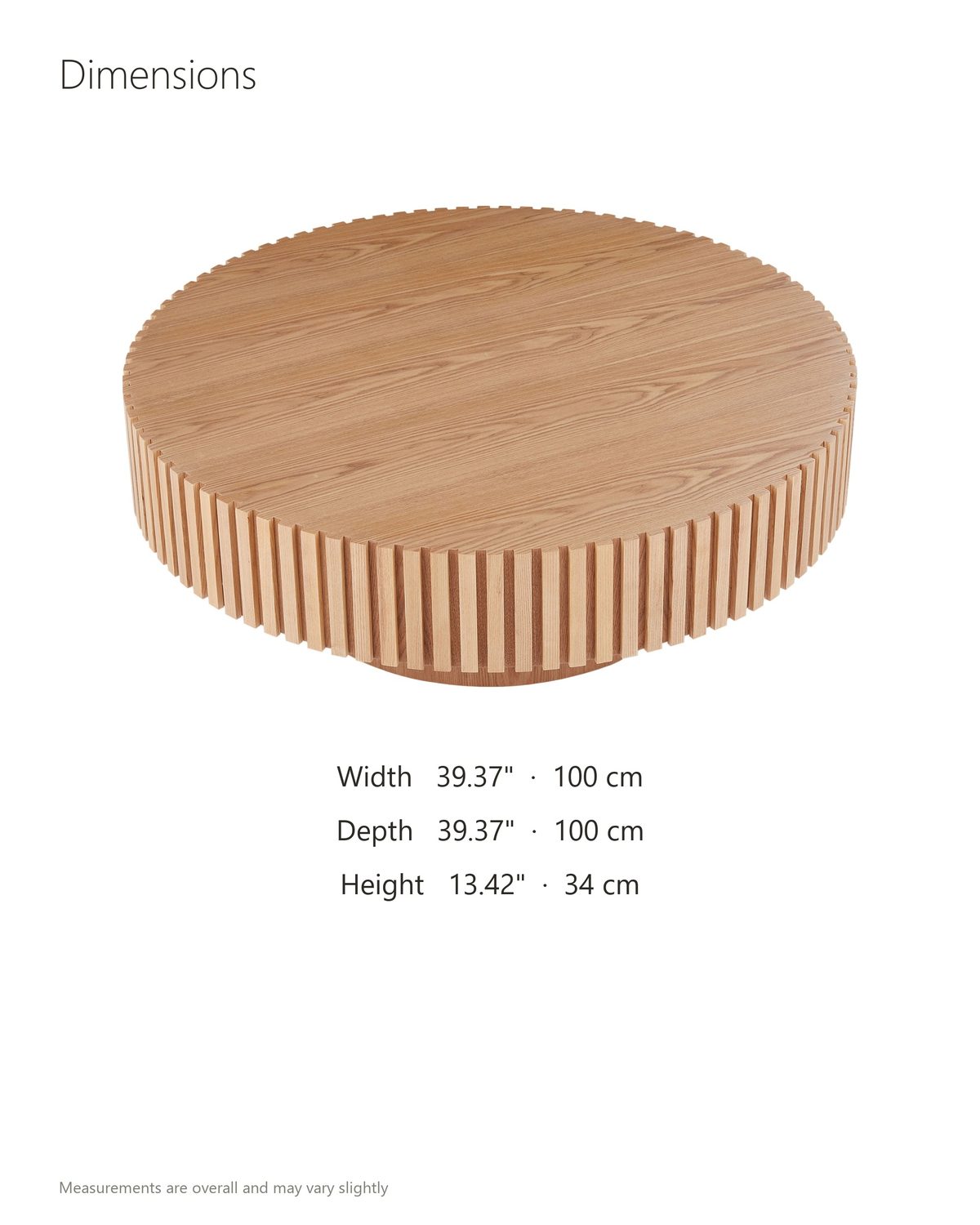 Pesaro Ash Veneer Fluted Pedestal Coffee Table dimensions: 39.37 in wide, 39.37 in deep, 13.42 in high
