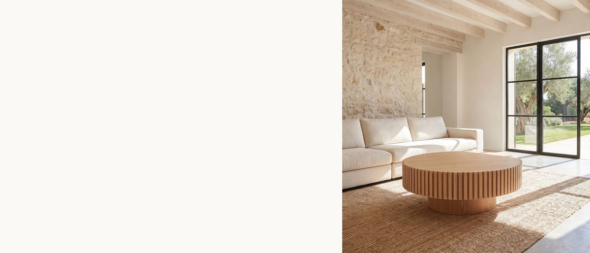 Ash slats, a wide round top. - Pesaro Ash Veneer Fluted Pedestal Coffee Table
